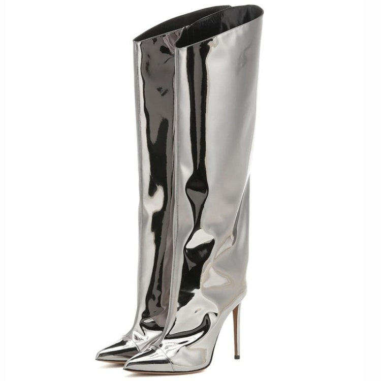 Metallic Leather Stiletto Knee High Crossdressing Boots