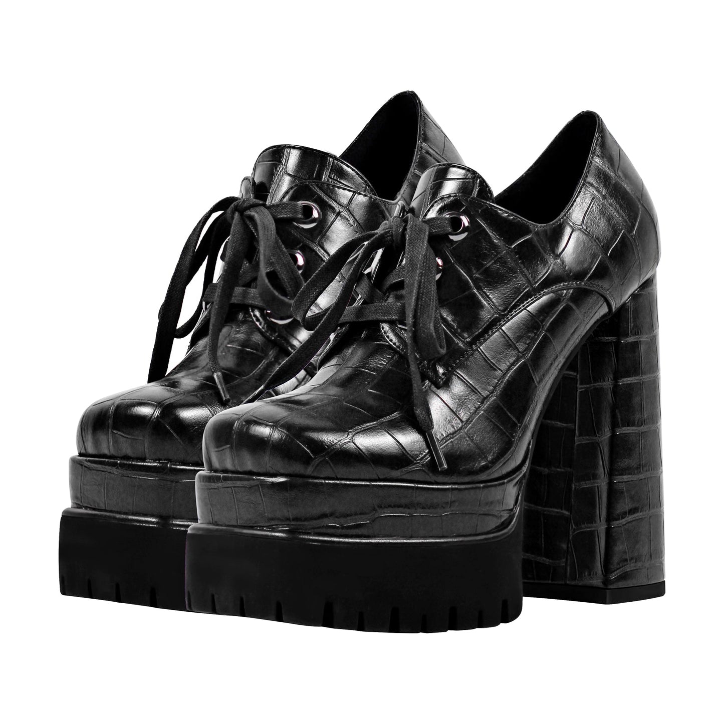 Double Platform Leather Patterned Lace Up Crossdressing Pumps
