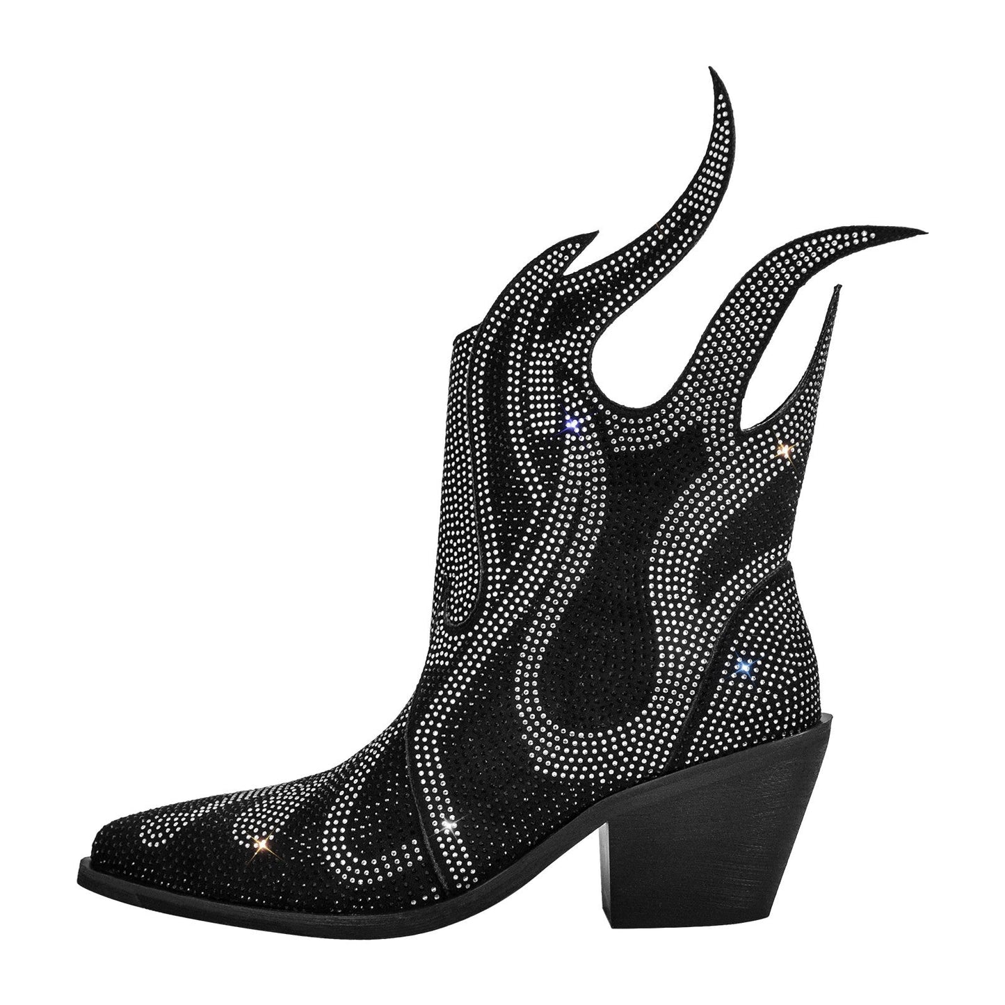 Flame Shape Rhinestone Pointed Toe Crossdressing Ankle Boots