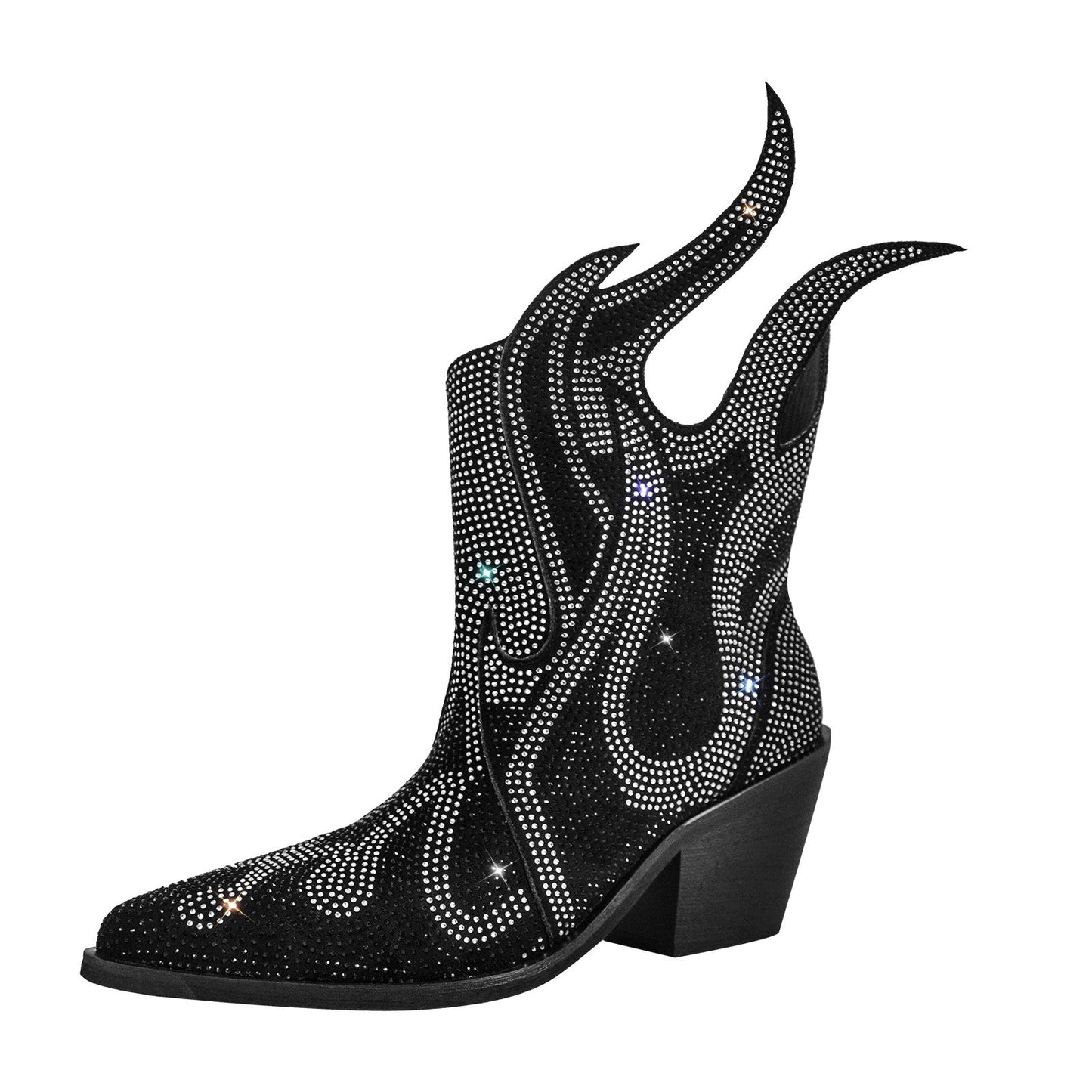Flame Shape Rhinestone Pointed Toe Crossdressing Ankle Boots
