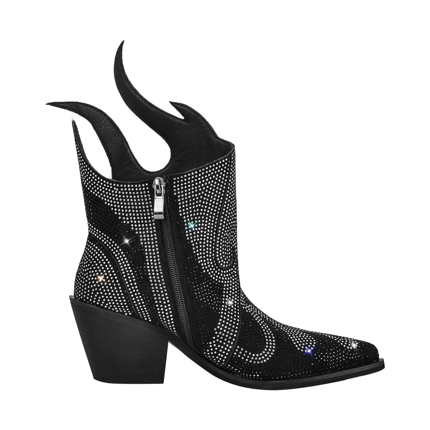 Flame Shape Rhinestone Pointed Toe Crossdressing Ankle Boots