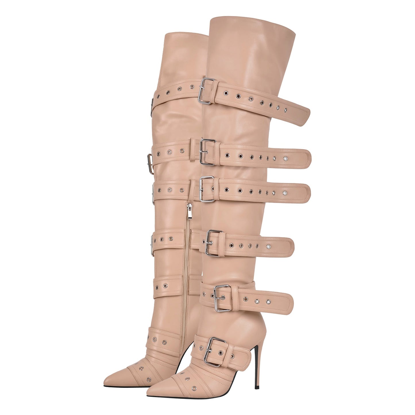 Multi Buckle Strap Thigh High Pointed Toe Stiletto Crossdressing Boots