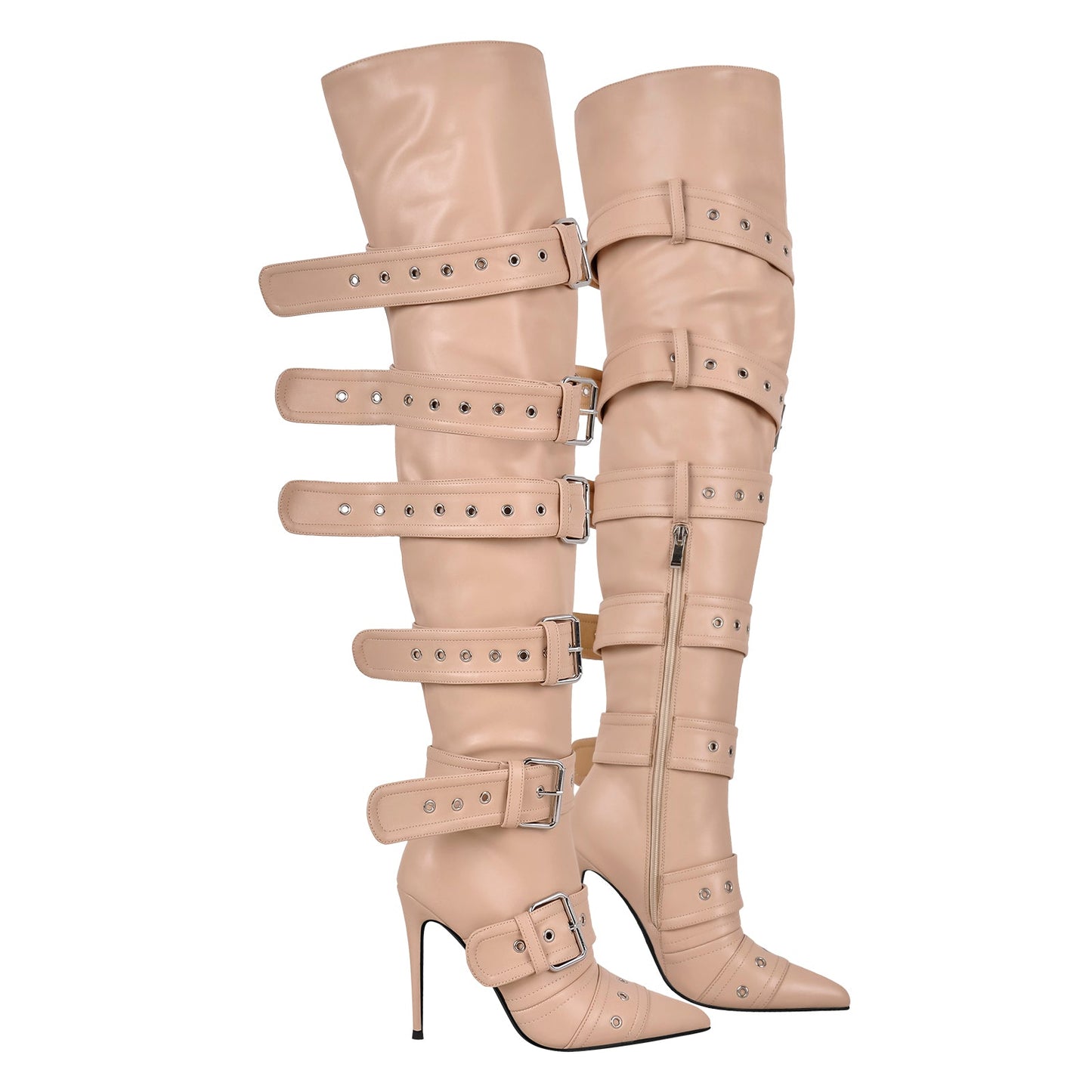 Multi Buckle Strap Thigh High Pointed Toe Stiletto Crossdressing Boots