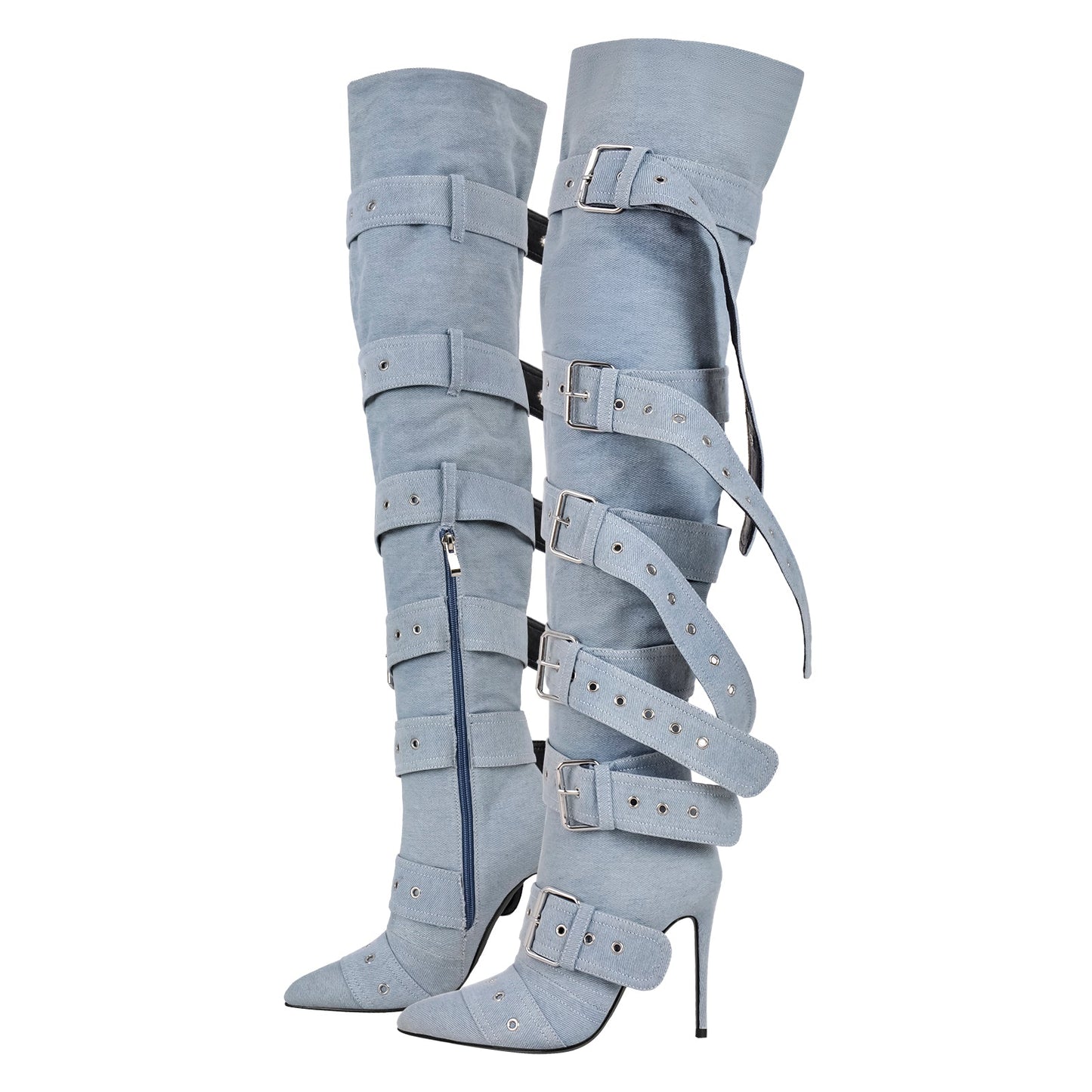 Multi Buckle Strap Thigh High Pointed Toe Stiletto Crossdressing Boots