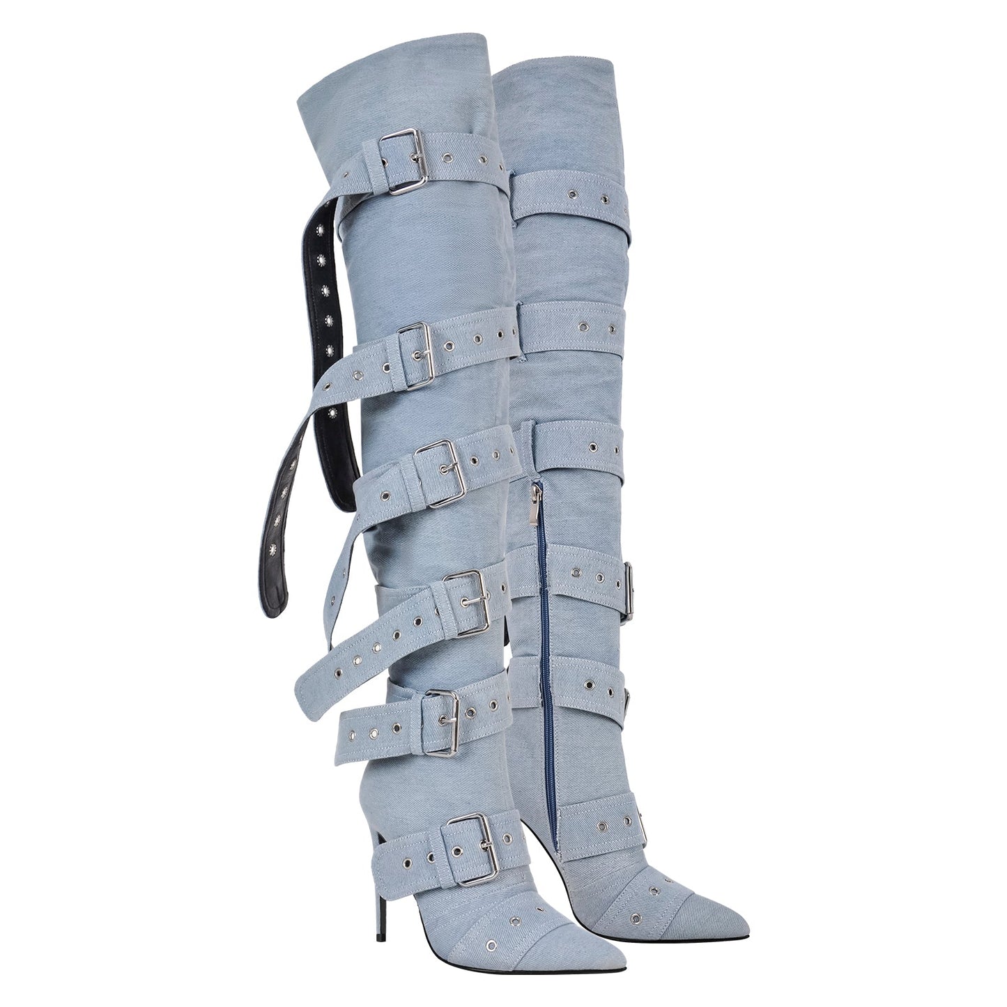 Multi Buckle Strap Thigh High Pointed Toe Stiletto Crossdressing Boots