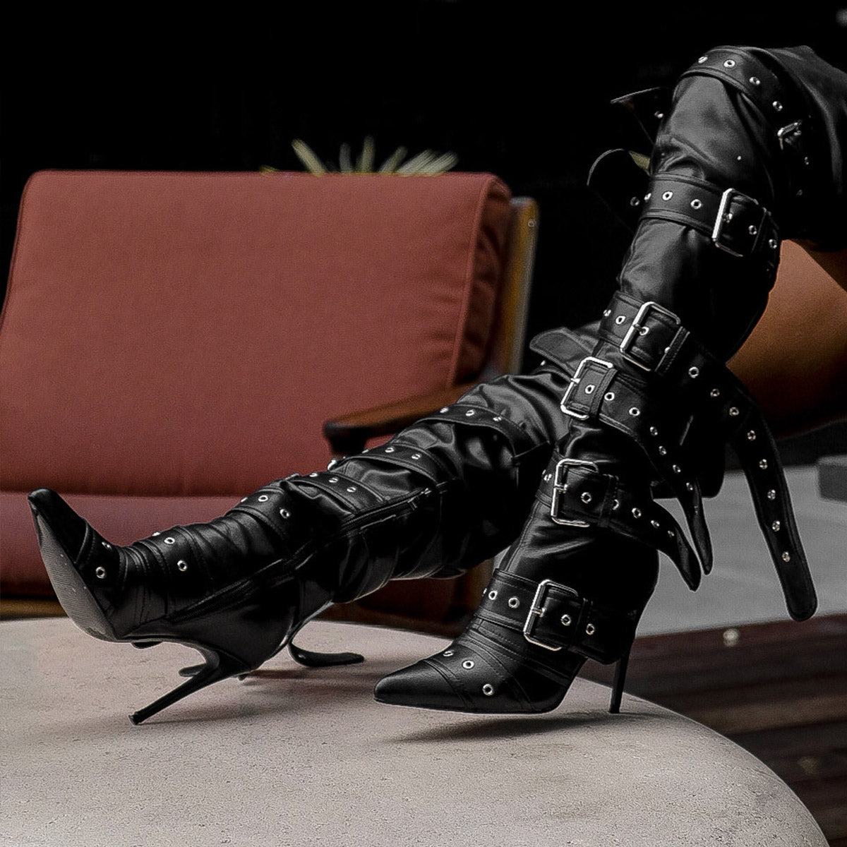 Multi Buckle Strap Thigh High Pointed Toe Stiletto Crossdressing Boots
