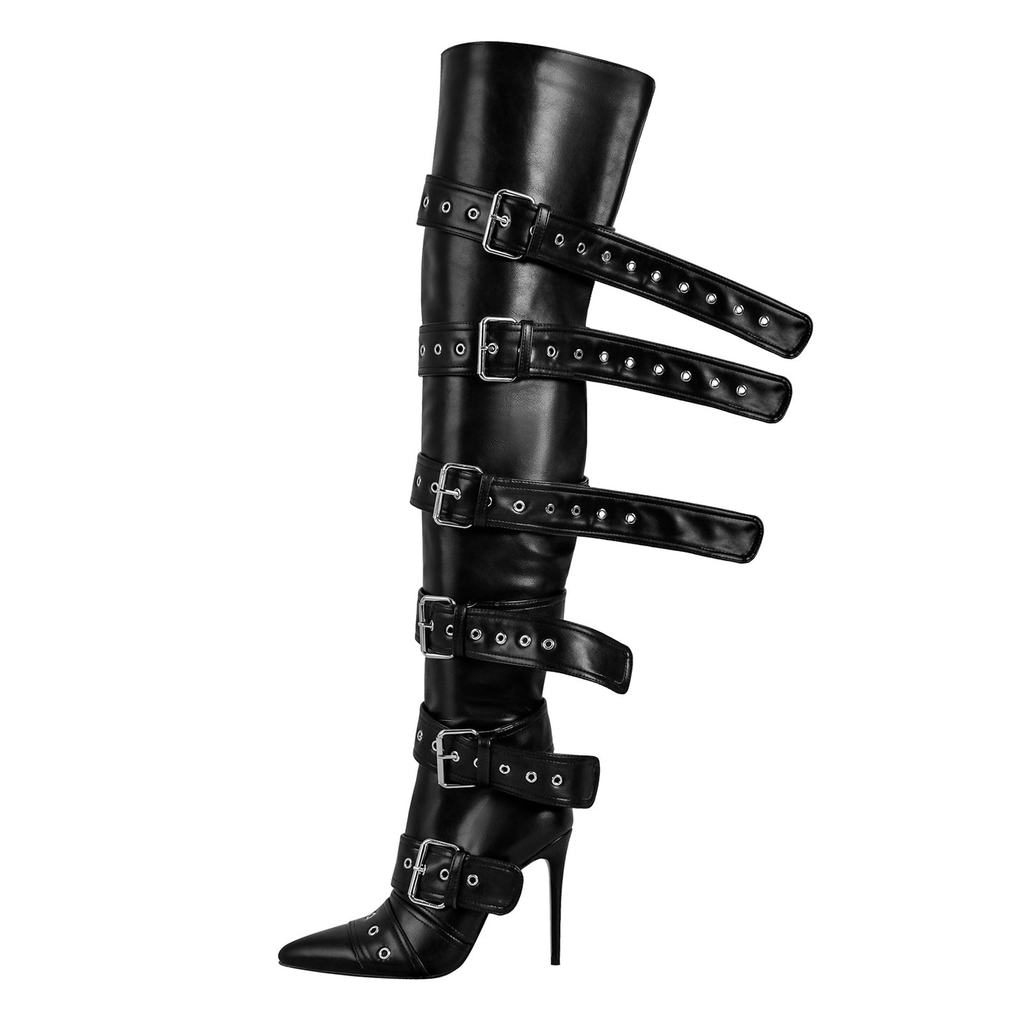 Multi Buckle Strap Thigh High Pointed Toe Stiletto Crossdressing Boots
