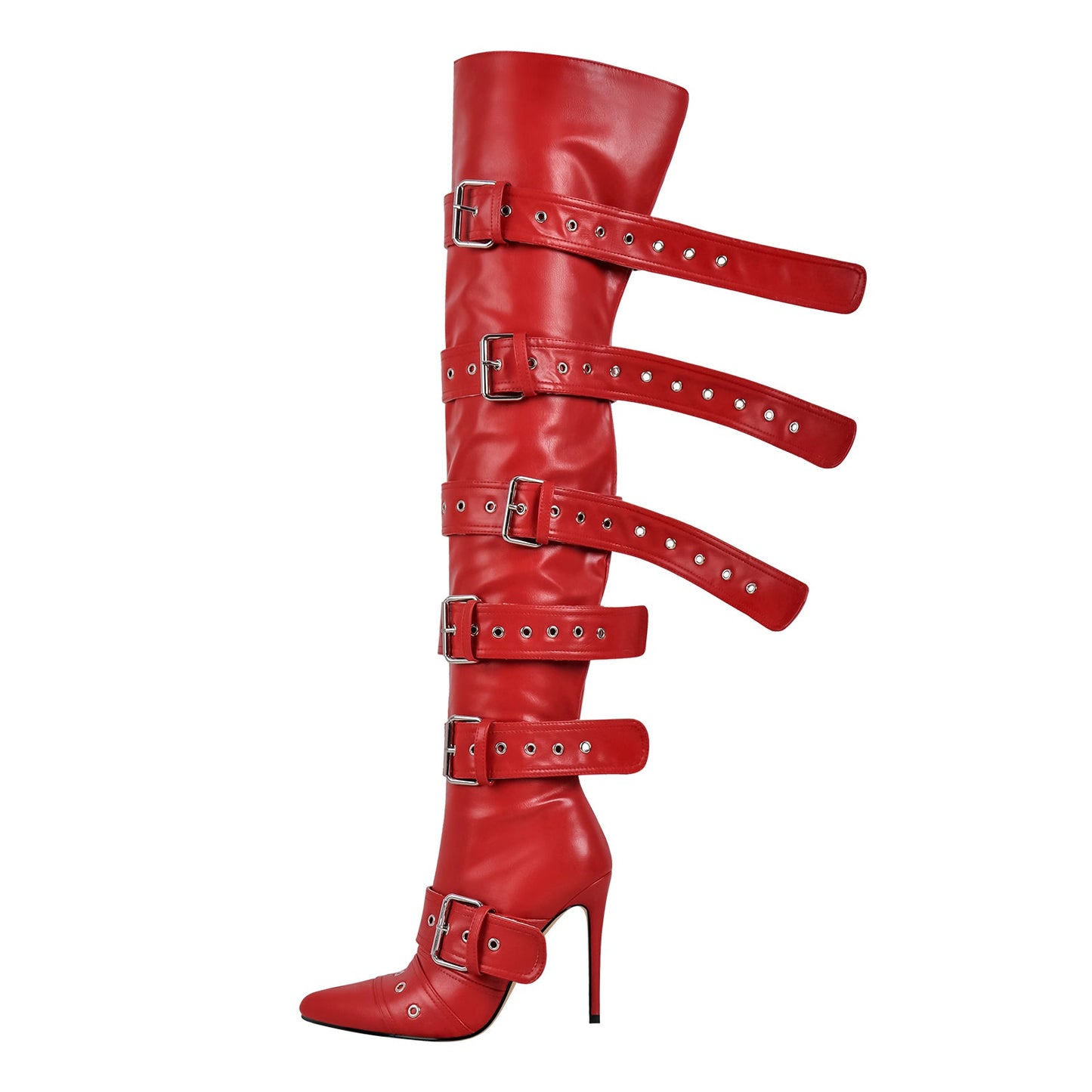 Multi Buckle Strap Thigh High Pointed Toe Stiletto Crossdressing Boots