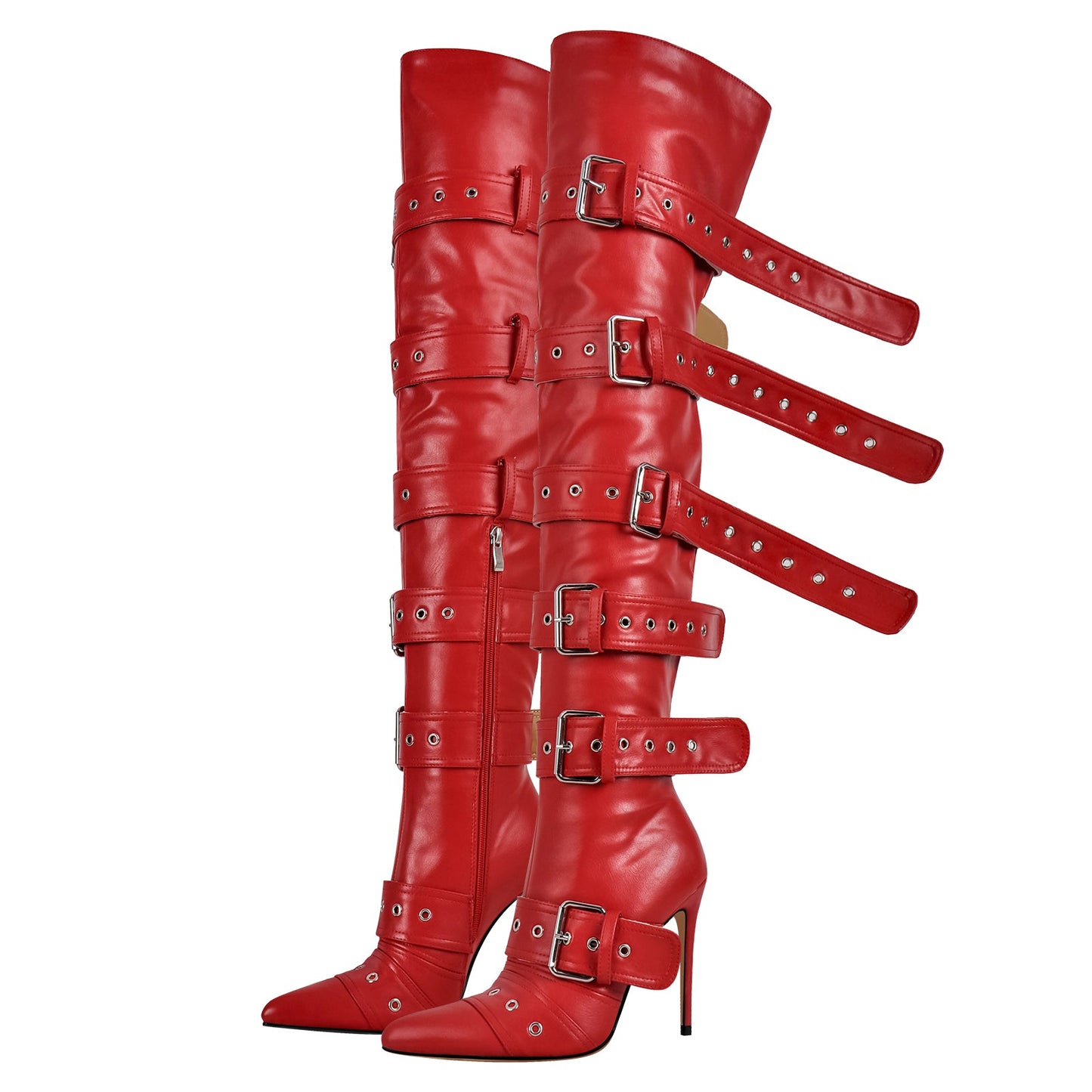 Multi Buckle Strap Thigh High Pointed Toe Stiletto Crossdressing Boots