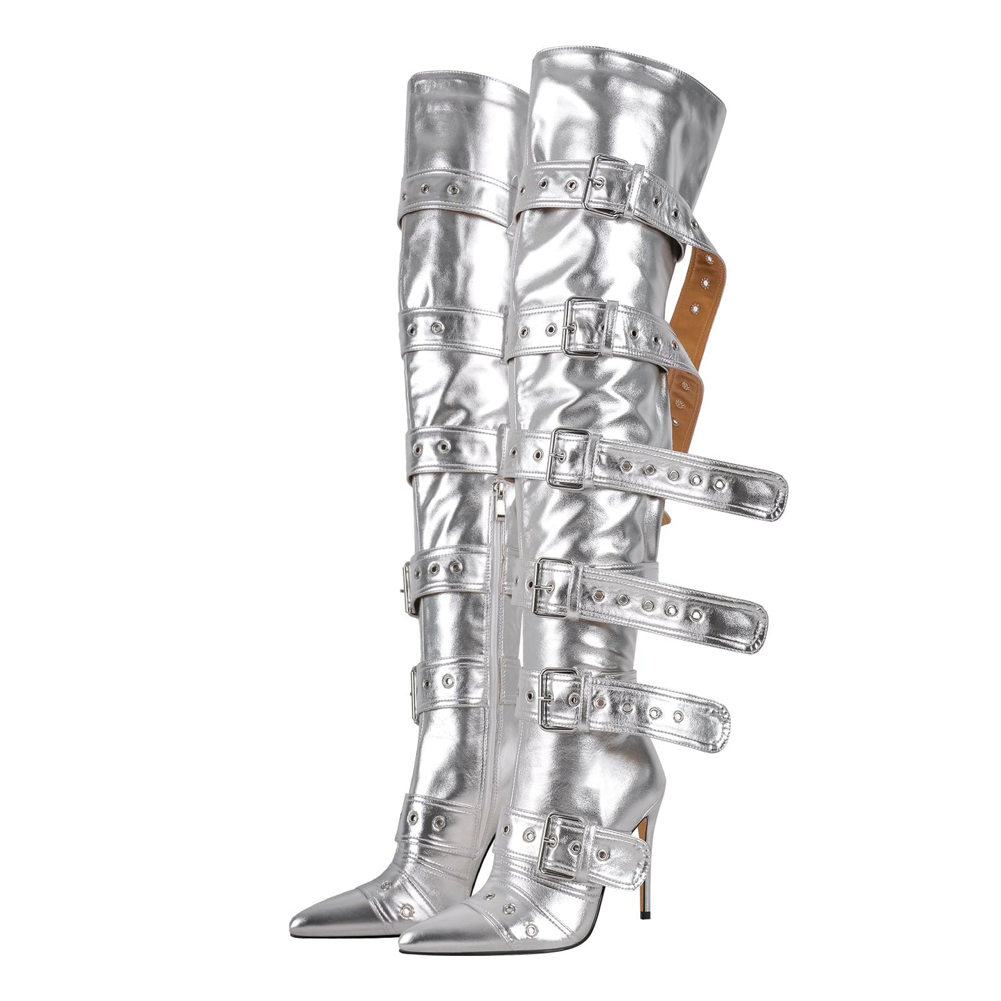 Multi Buckle Strap Thigh High Pointed Toe Stiletto Crossdressing Boots