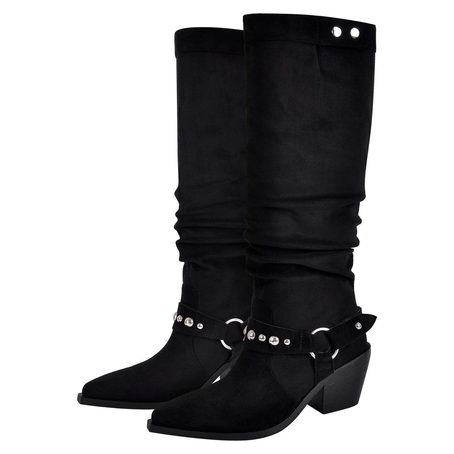 Pointed Toe Rivet Belt Pleated Knee High Boots