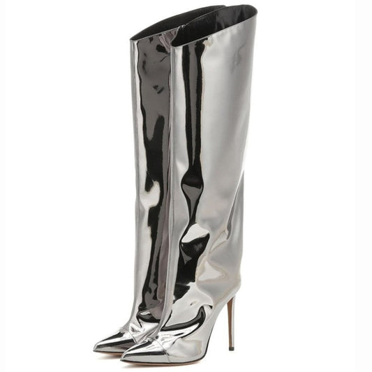 Metallic Leather Stiletto Knee High Crossdressing Boots