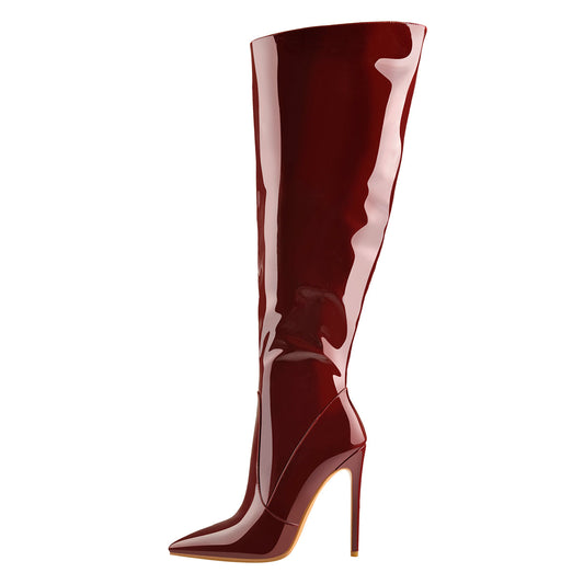 Pointed Toe Patent Side Zipper Knee High Crossdressing Boots