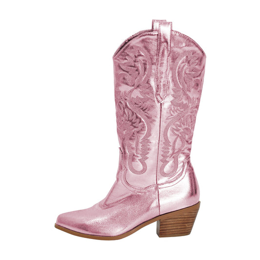 Pink Embroidered Mid-Calf Crossdressing Western Boots
