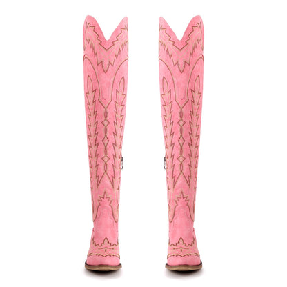 Embroidery Back Lace-up Over The Knee Western Boots
