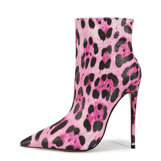 Pointed Toe Leopard High Heel Ankle Boots