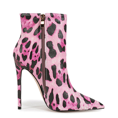 Pointed Toe Leopard High Heel Ankle Boots