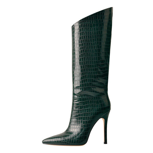 Green Stone Pattern High Heel Mid-Calf Crossdressing Boots
