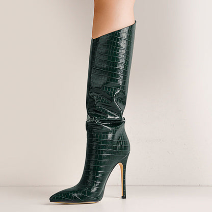 Green Stone Pattern High Heel Mid-Calf Crossdressing Boots