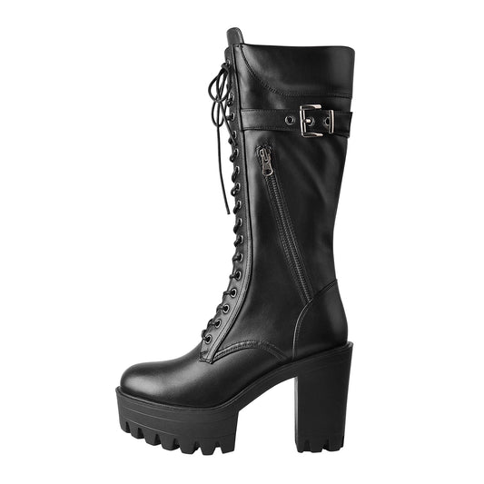 Black Patent Leather Platform Lace Up Knee High Crossdressing Boots