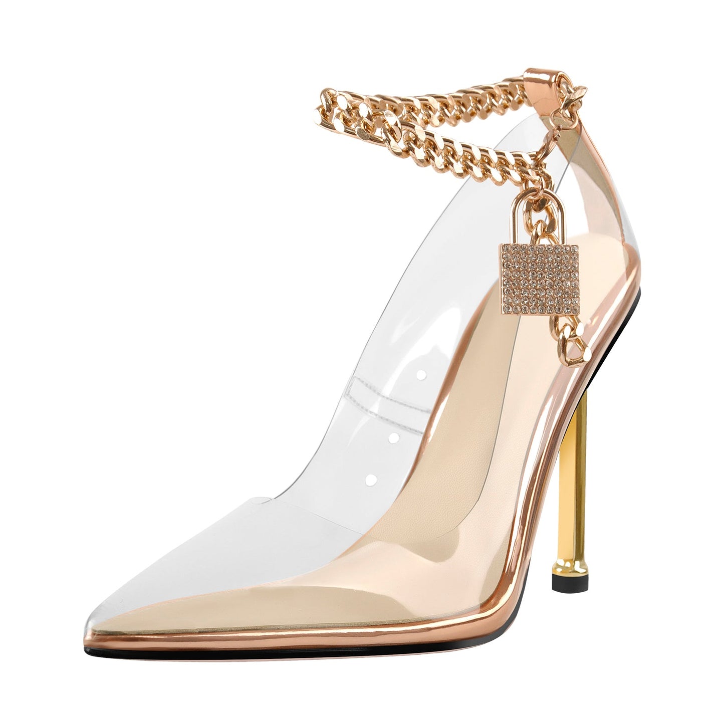 Clear Pointed Toe Metal Chain Lock High Metal Heels Stiletto Crossdressing Pumps
