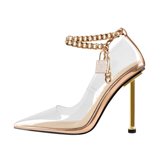 Clear Pointed Toe Metal Chain Lock High Metal Heels Stiletto Crossdressing Pumps