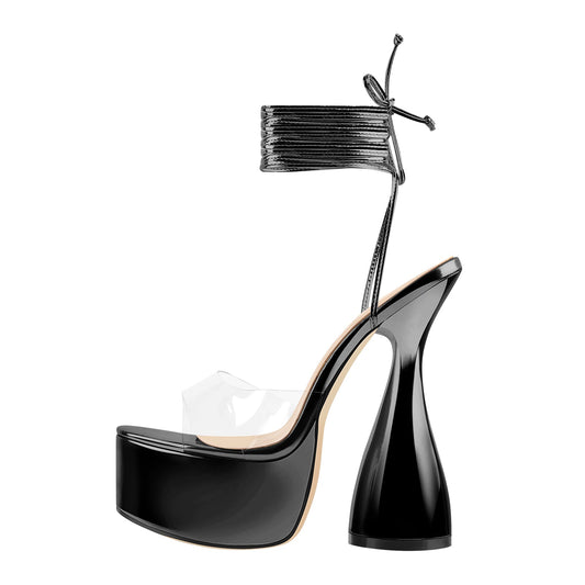 Black Platform Lace up Chunky High Heel Crossdressing Sandals