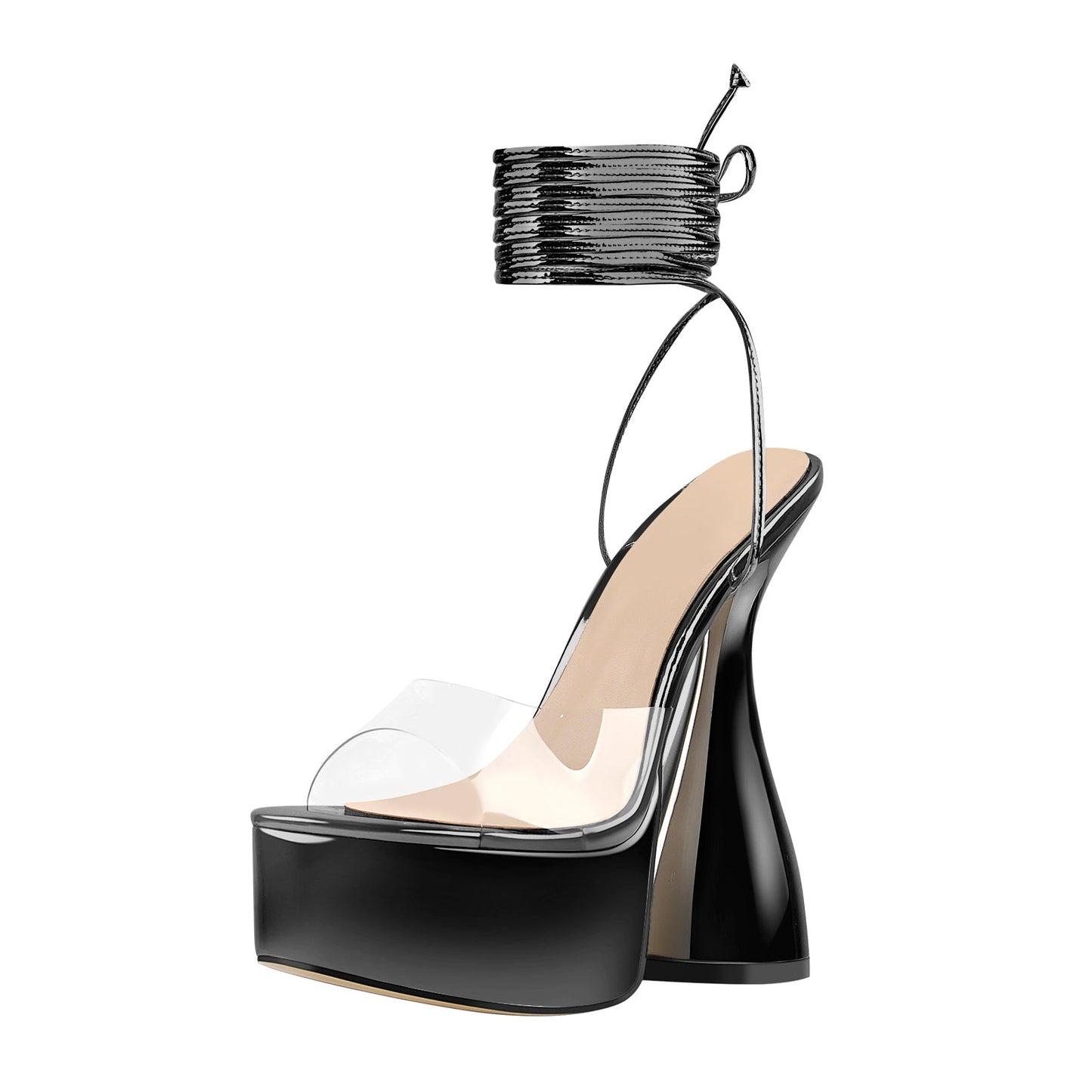 Black Platform Lace up Chunky High Heel Crossdressing Sandals