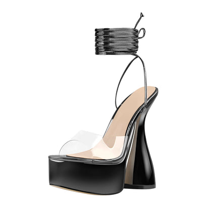 Black Platform Lace up Chunky High Heel Crossdressing Sandals