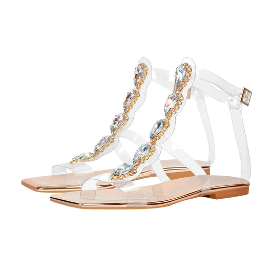 Rhinestone T-Strap Open Toe Flat Crossdressing Sandals