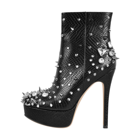 Black Rhinestone Rivet Studded Platform Ankle Crossdressing Boots
