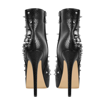 Black Rhinestone Rivet Studded Platform Ankle Crossdressing Boots