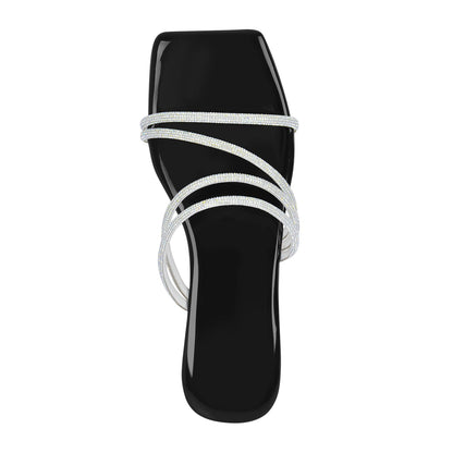 Square Toe Rhinestone Strappy Flat Crossdressing Sandals