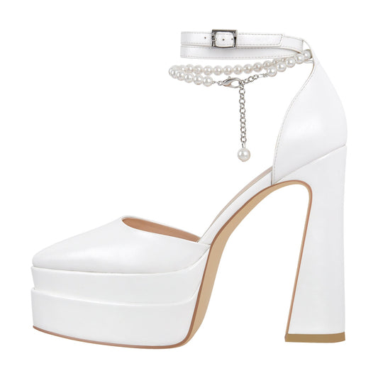 White Pointed Toe Platform Chunky Crossdressing Pumps