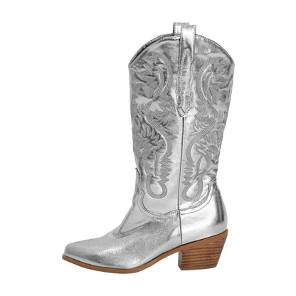 Pink Embroidered Mid-Calf Crossdressing Western Boots