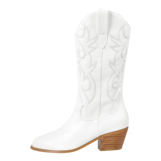 Mid-Calf Embroidered Pull On Western Crossdressing Boots