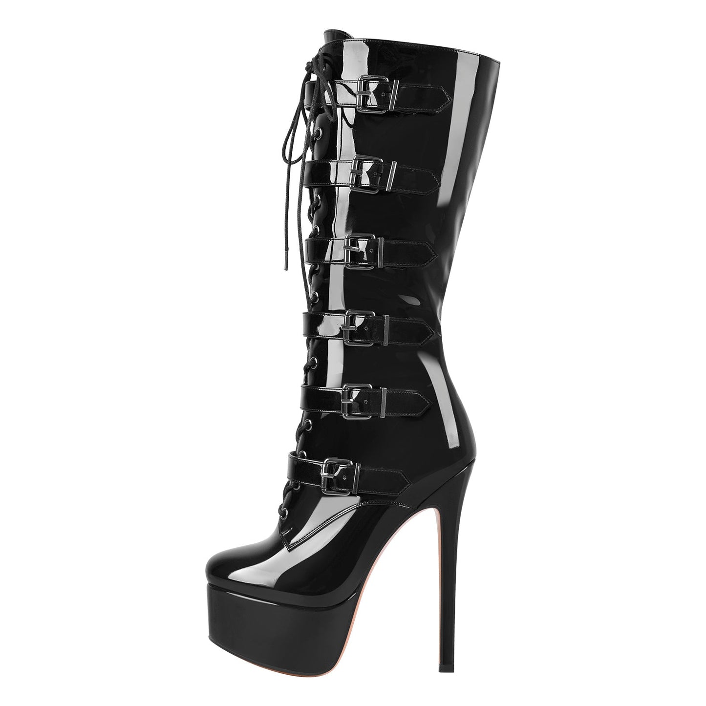 Black Patent Leather Platform Lace Up Knee High Crossdressing Boots