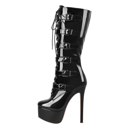 Black Patent Leather Platform Lace Up Knee High Crossdressing Boots