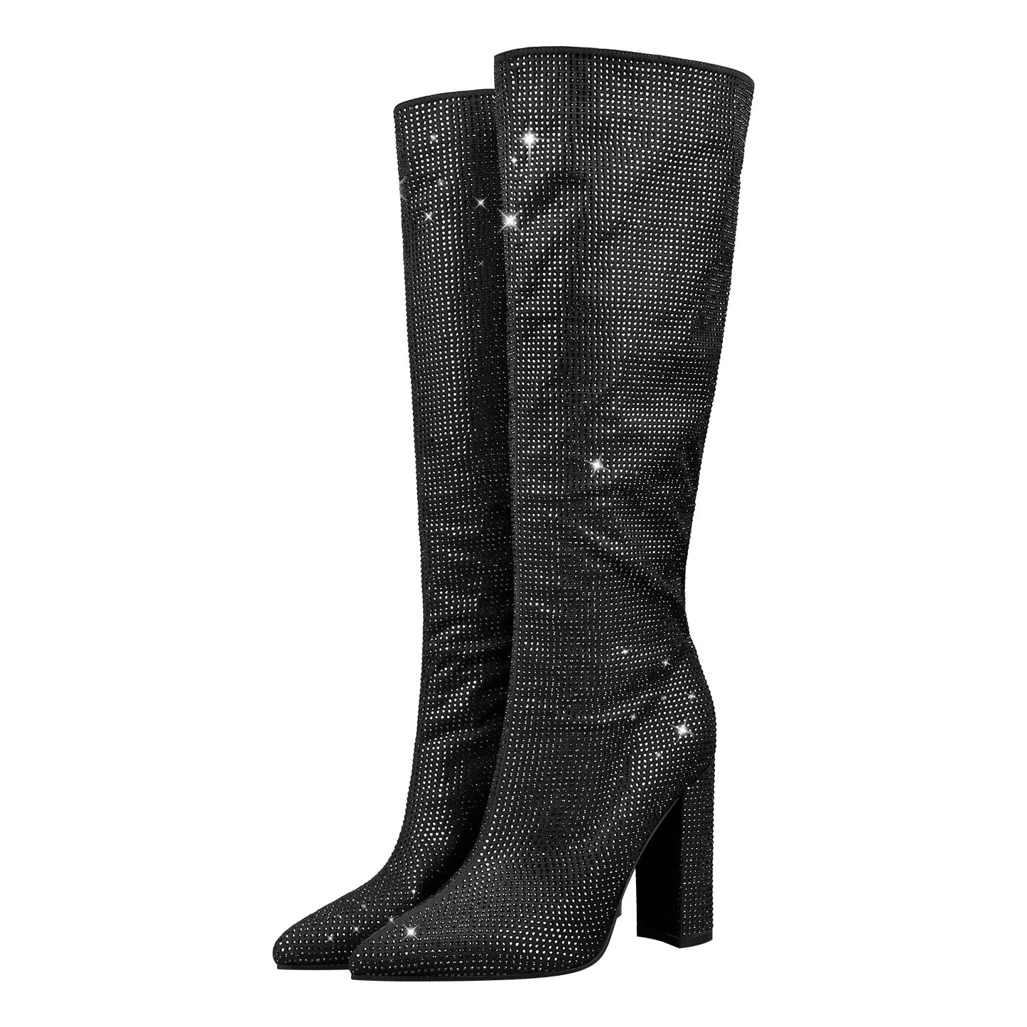 Pointed toe Chunky Heels Rhinestone Knee High Crossdressing Boots