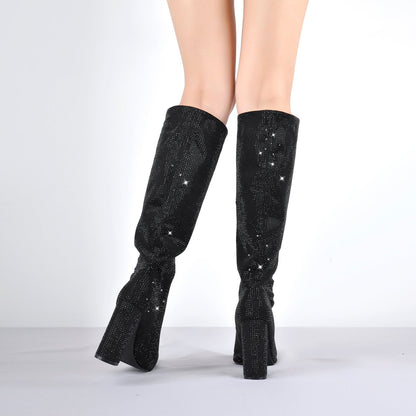 Pointed toe Chunky Heels Rhinestone Knee High Crossdressing Boots