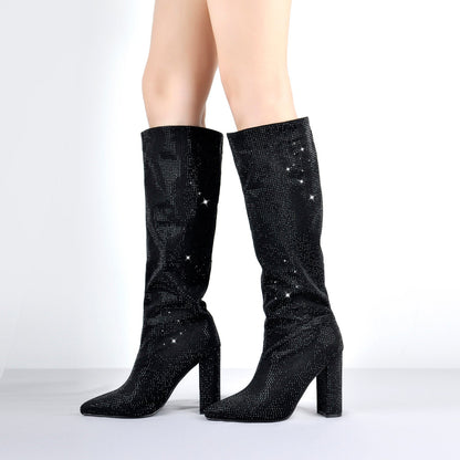 Pointed toe Chunky Heels Rhinestone Knee High Crossdressing Boots