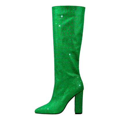 Pointed toe Chunky Heels Rhinestone Knee High Crossdressing Boots