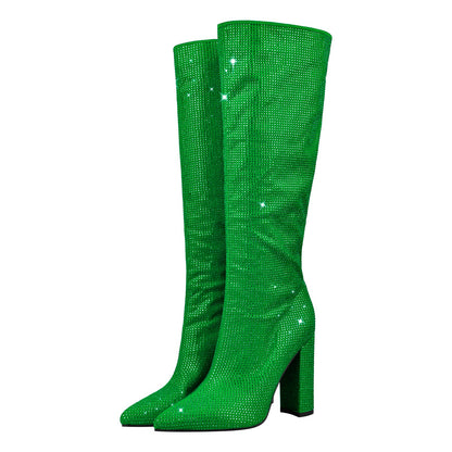 Pointed toe Chunky Heels Rhinestone Knee High Crossdressing Boots