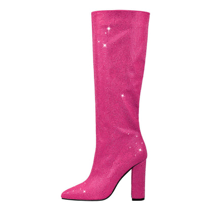 Pointed toe Chunky Heels Rhinestone Knee High Crossdressing Boots