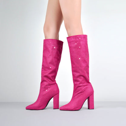 Pointed toe Chunky Heels Rhinestone Knee High Crossdressing Boots