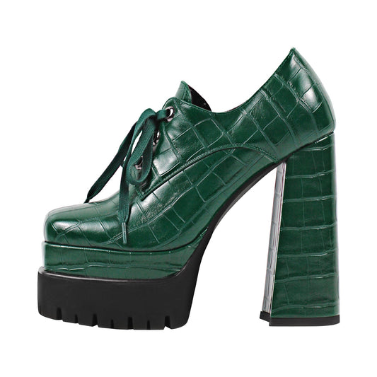 Double Platform Leather Patterned Lace Up Crossdressing Pumps