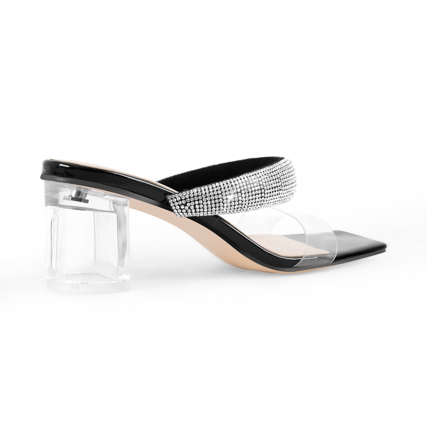 Clear Mid Block Heels Sliders Diamante Crossdressing Sandals