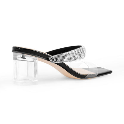 Clear Mid Block Heels Sliders Diamante Crossdressing Sandals