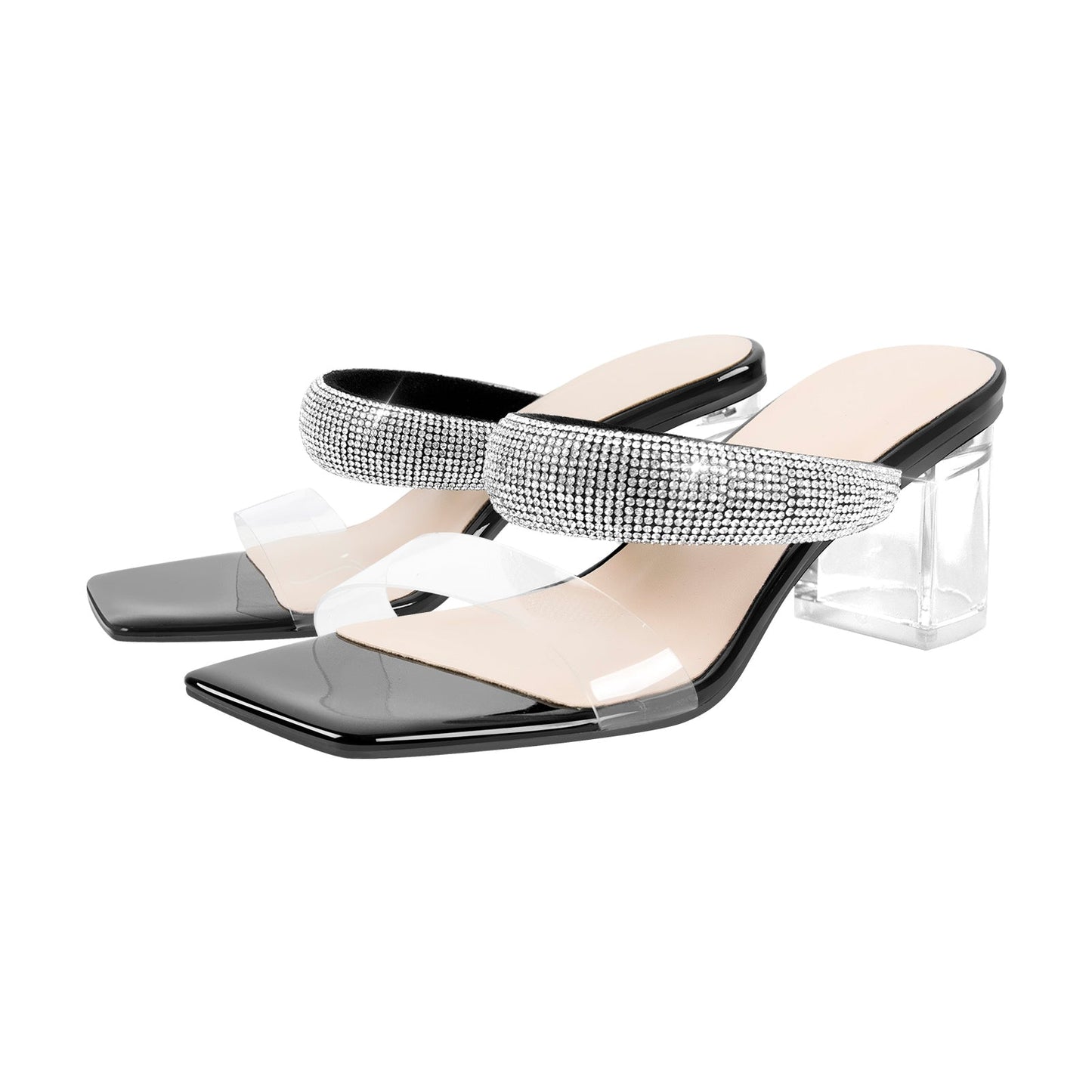 Clear Mid Block Heels Sliders Diamante Crossdressing Sandals