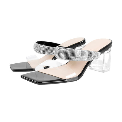 Clear Mid Block Heels Sliders Diamante Crossdressing Sandals
